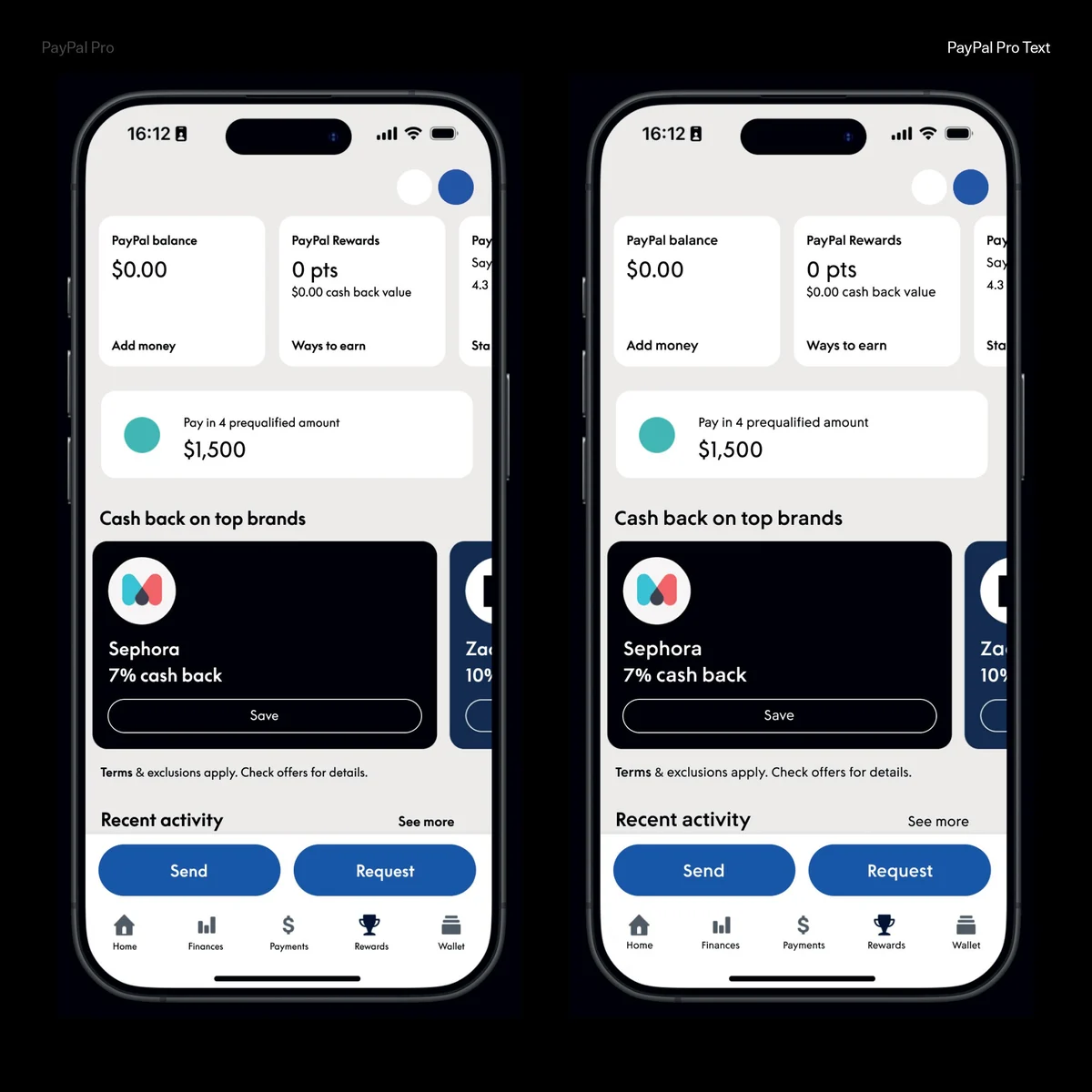Dos teléfonos que muestran la app rediseñada de PayPal