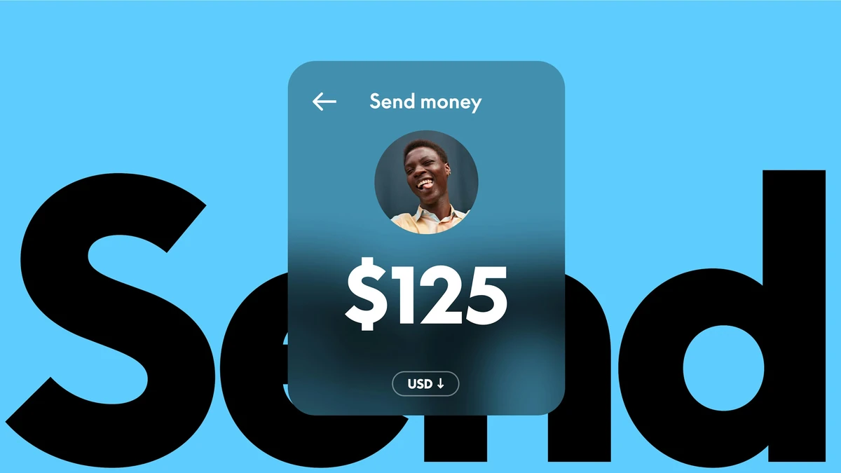 Anuncio de PayPal: «Send» con una tarjeta de pago de 125 dólares sobre fondo azul