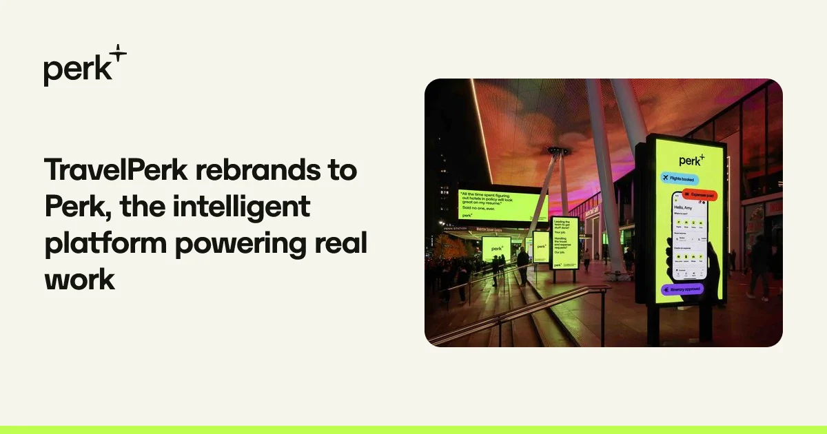Perk announcement card: 'TravelPerk rebrands to Perk'