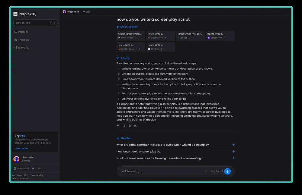 Interfaz de la app de Perplexity en modo oscuro