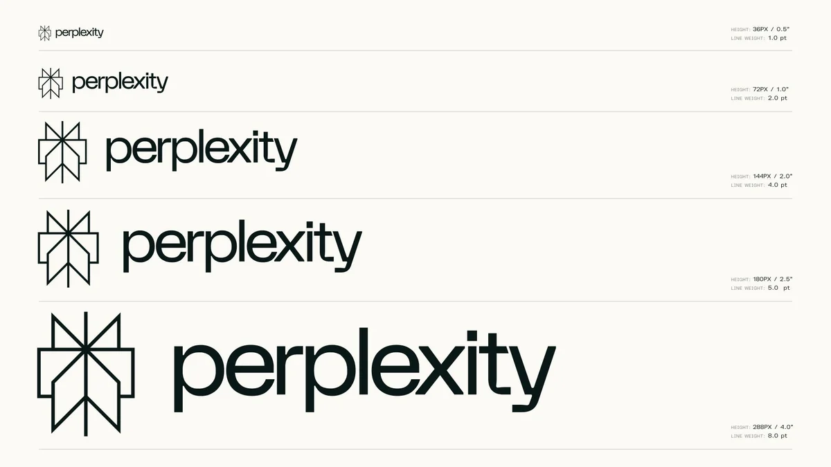 Lockups del logo de Perplexity en varios tamaños sobre blanco roto