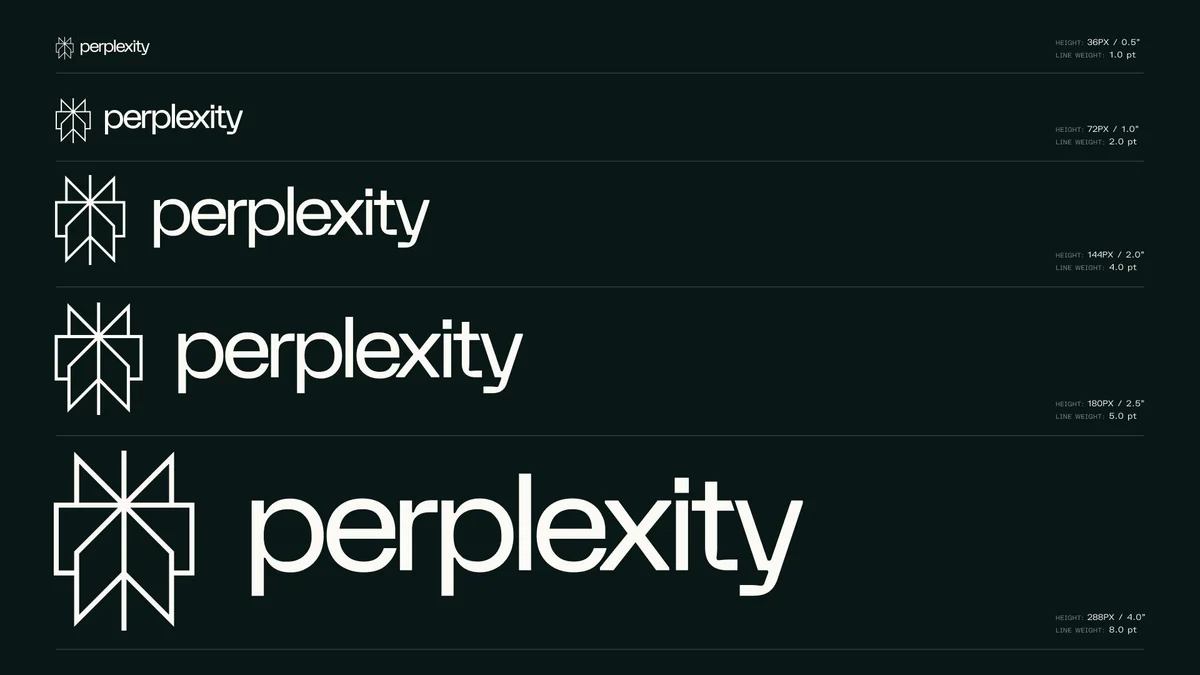 Lockups del logo de Perplexity en varios tamaños sobre verde azulado oscuro