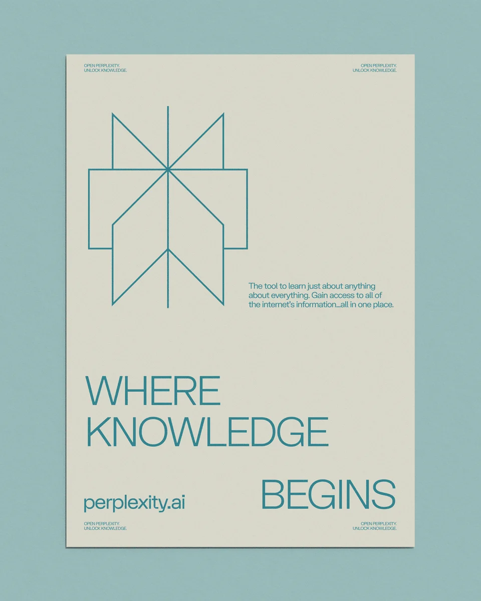 Cartel de Perplexity: «Where knowledge begins» con el símbolo de línea