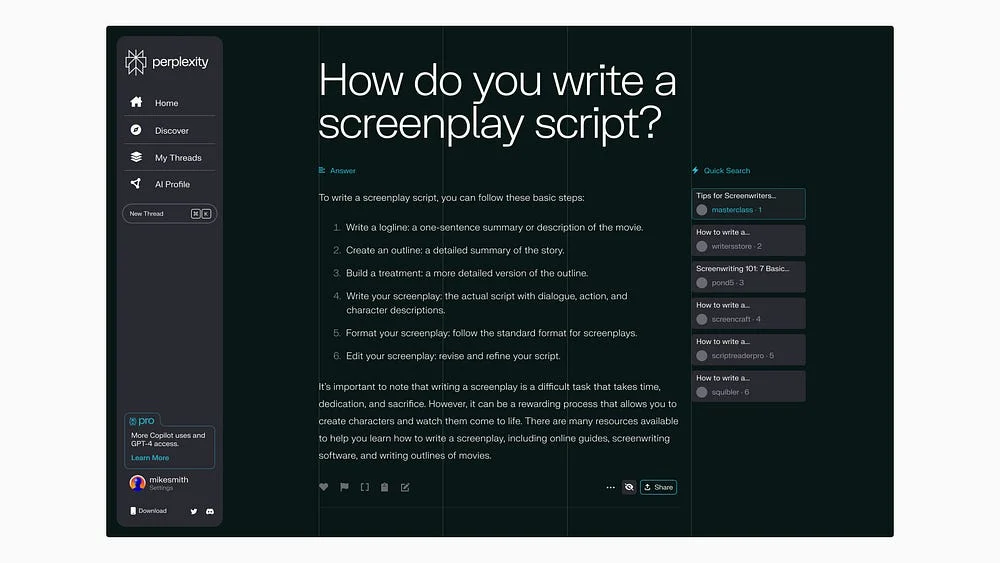 Pantalla de respuesta de Perplexity en modo oscuro: «How do you write a screenplay script?»