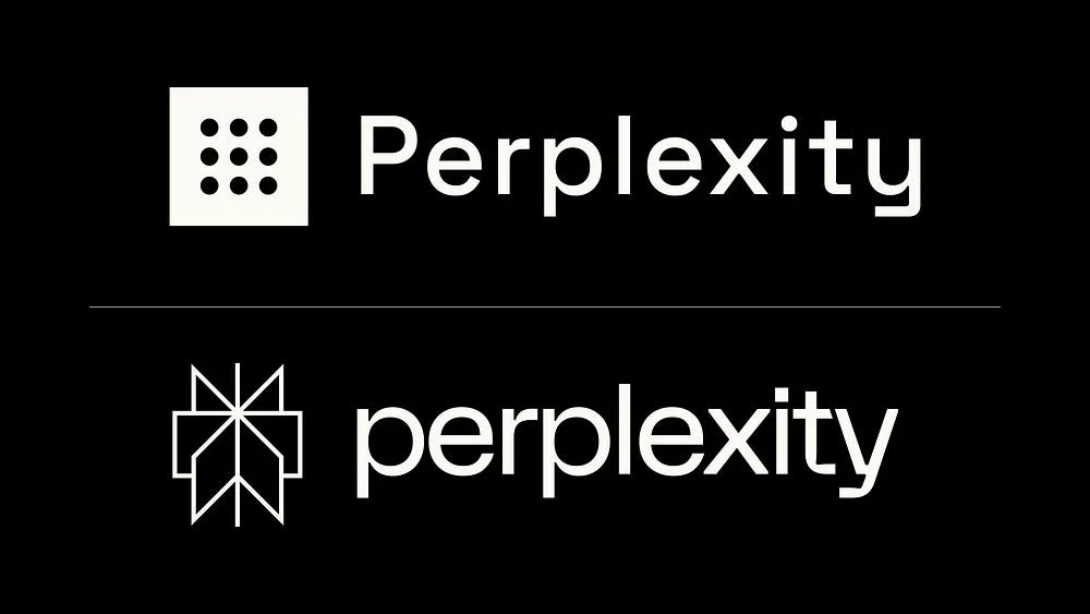 Logos antiguo y nuevo de Perplexity apilados sobre negro