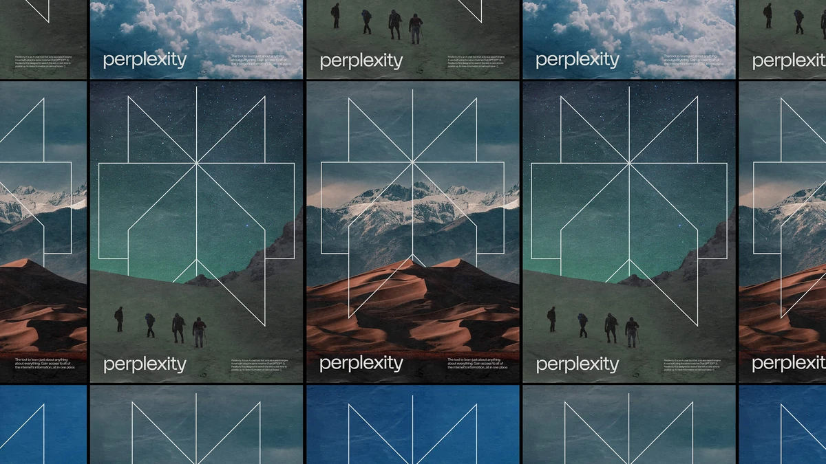 Cuadrícula de carteles de Perplexity con el símbolo sobre paisajes