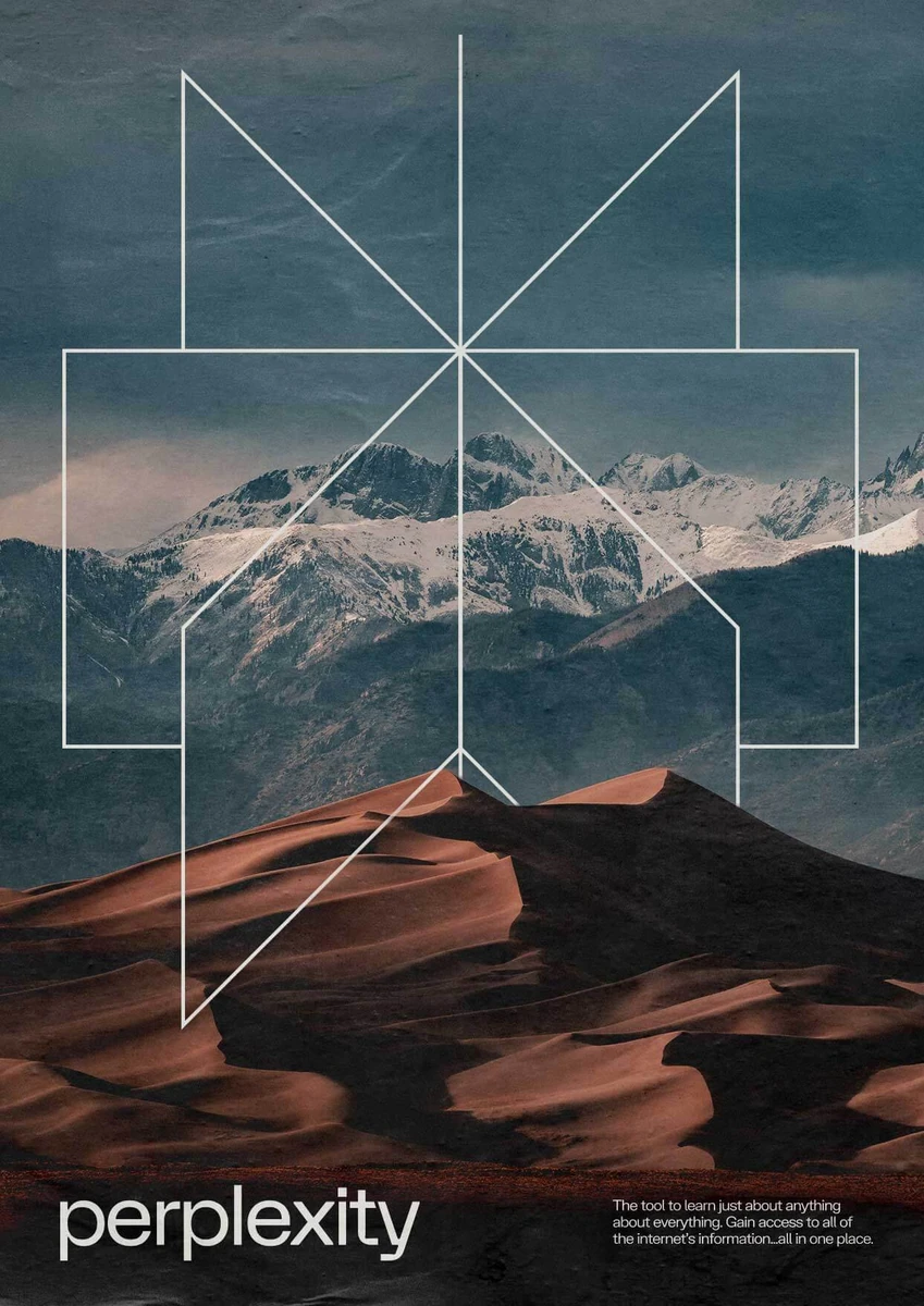 Cartel de Perplexity con el símbolo sobre una foto de montaña