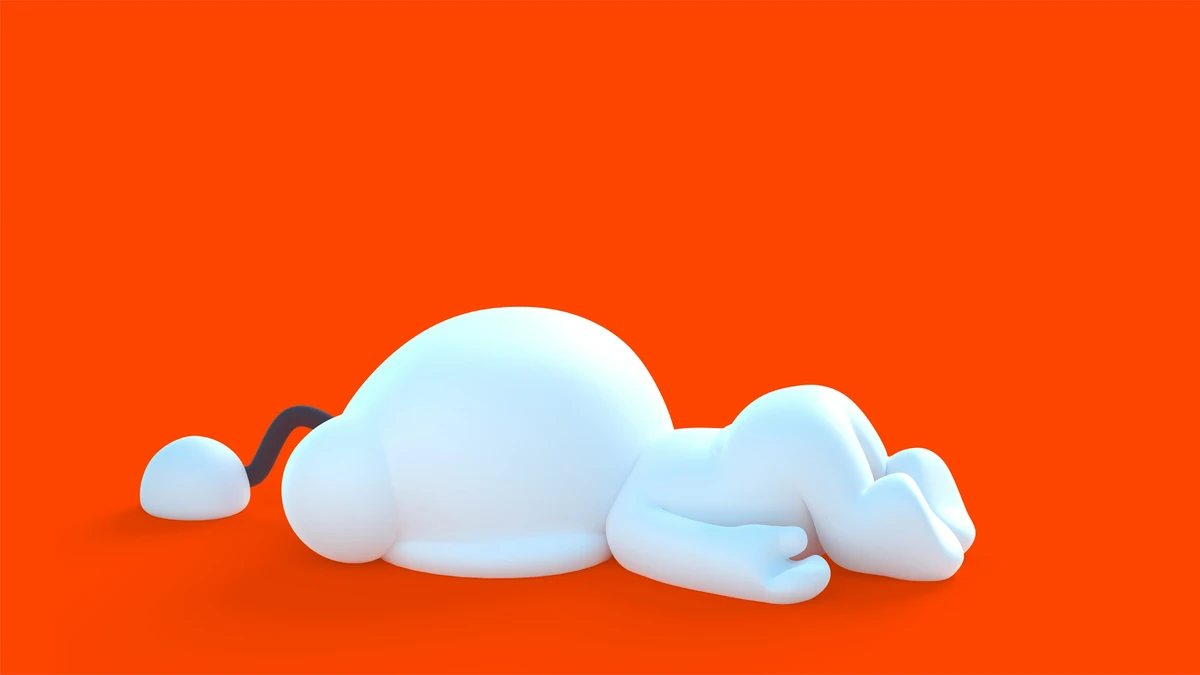 Snoo blanco en 3D tumbado sobre un fondo naranja brillante