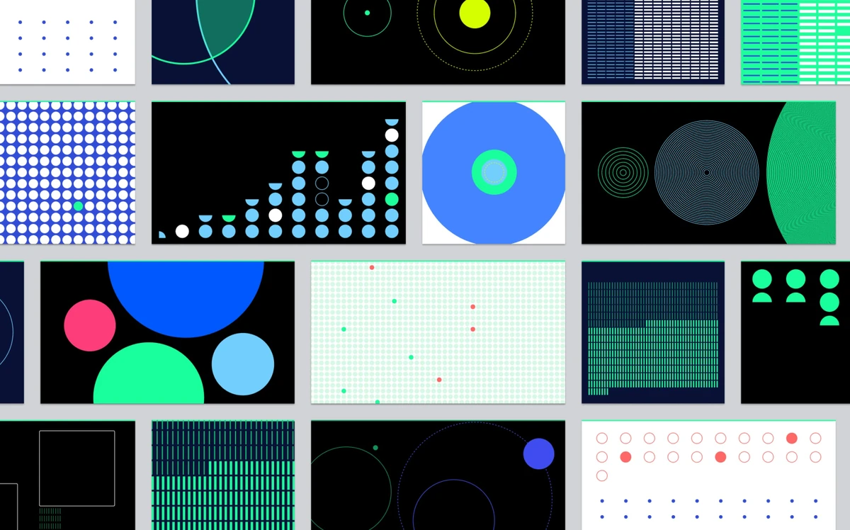 Cuadrícula de gráficos, tablas y patrones de la marca Reddit en negro, azul y verde