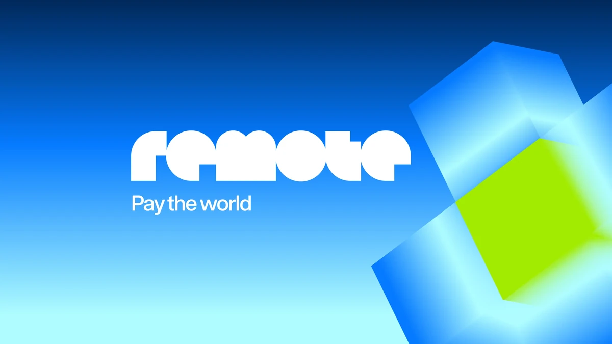 Remote wordmark and 'Pay the world' over a blue and lime 3D shape