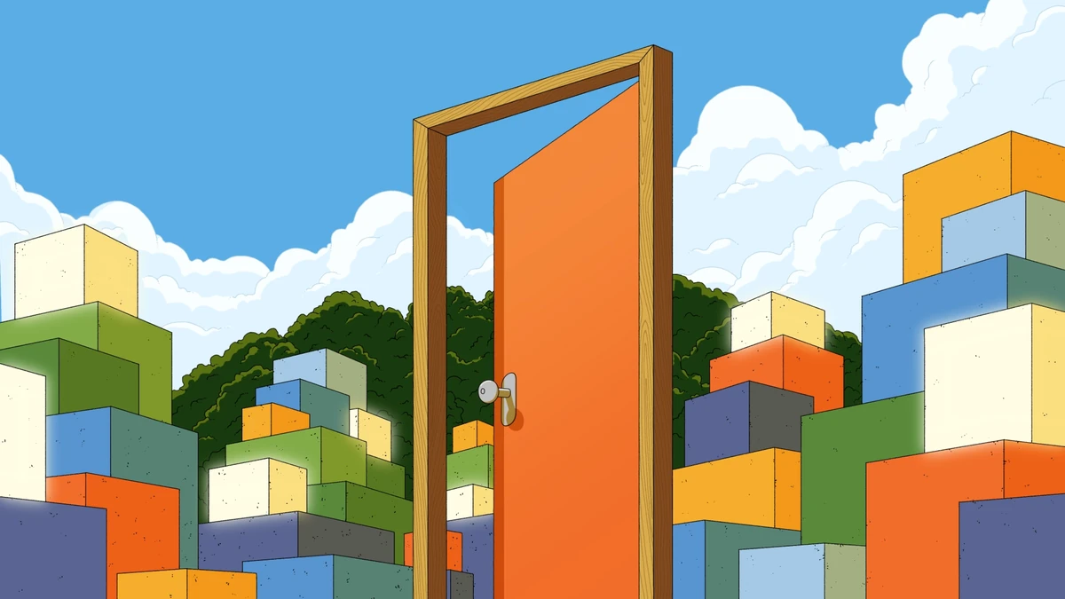 Retool illustration: an open door among colourful blocks