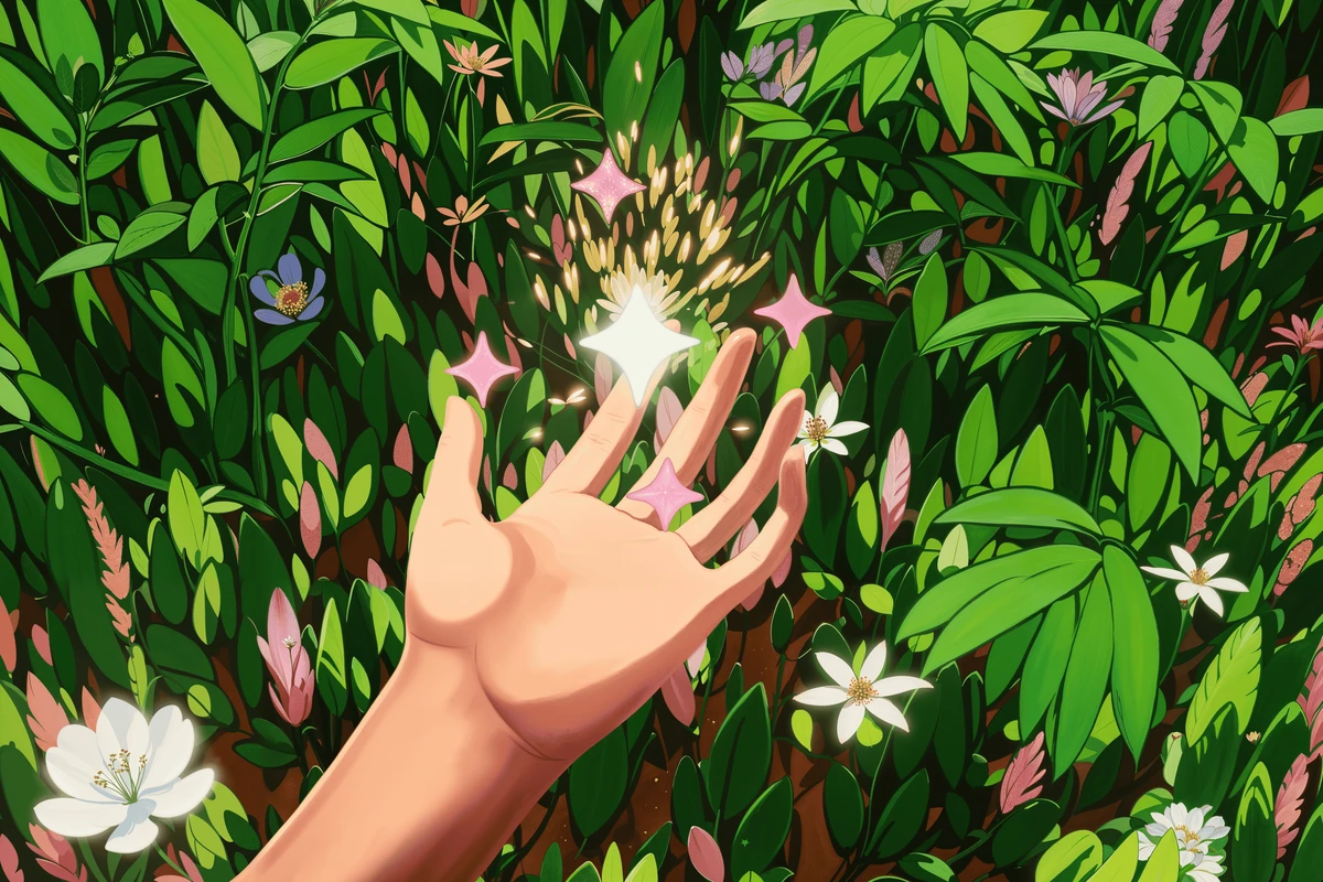 Retool illustration: a hand among lush leaves