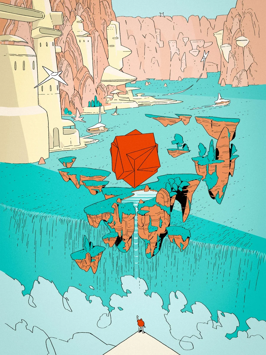 Robinhood illustration: a figure in a colourful landscape
