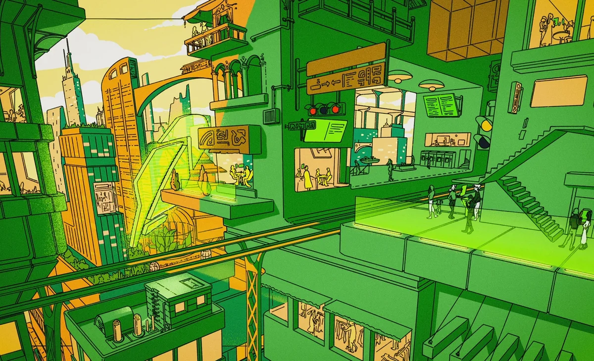Robinhood illustration: a green city with figures
