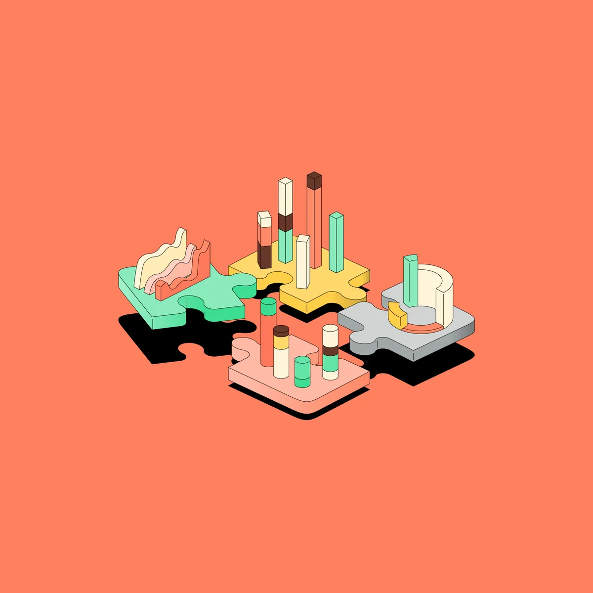 Ilustración isométrica de ciudad de Sauce Labs sobre fondo naranja
