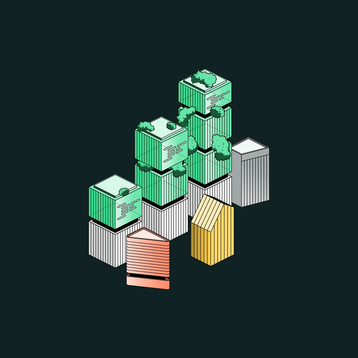 Ilustración de bloques apilados de Sauce Labs sobre fondo verde oscuro