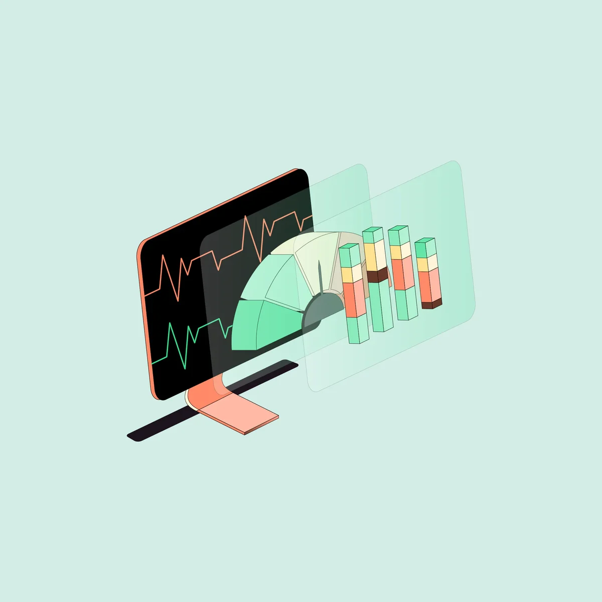 Ilustración de portátil de Sauce Labs con un gráfico de prueba sobre fondo menta