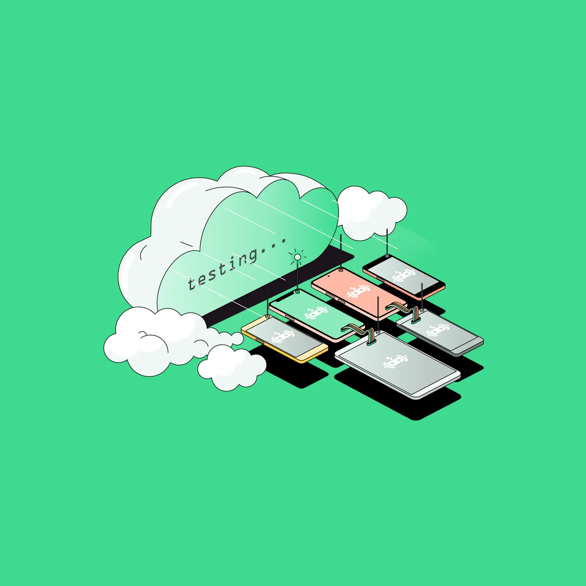 Ilustración de nube y dispositivo de Sauce Labs sobre fondo verde