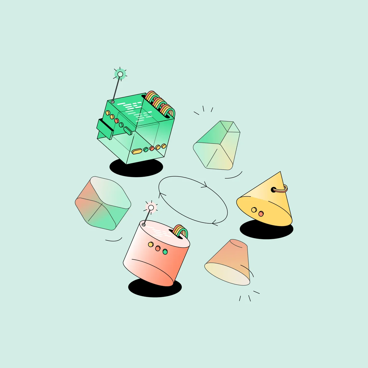 Ilustraciones isométricas de dispositivos de Sauce Labs sobre fondo menta
