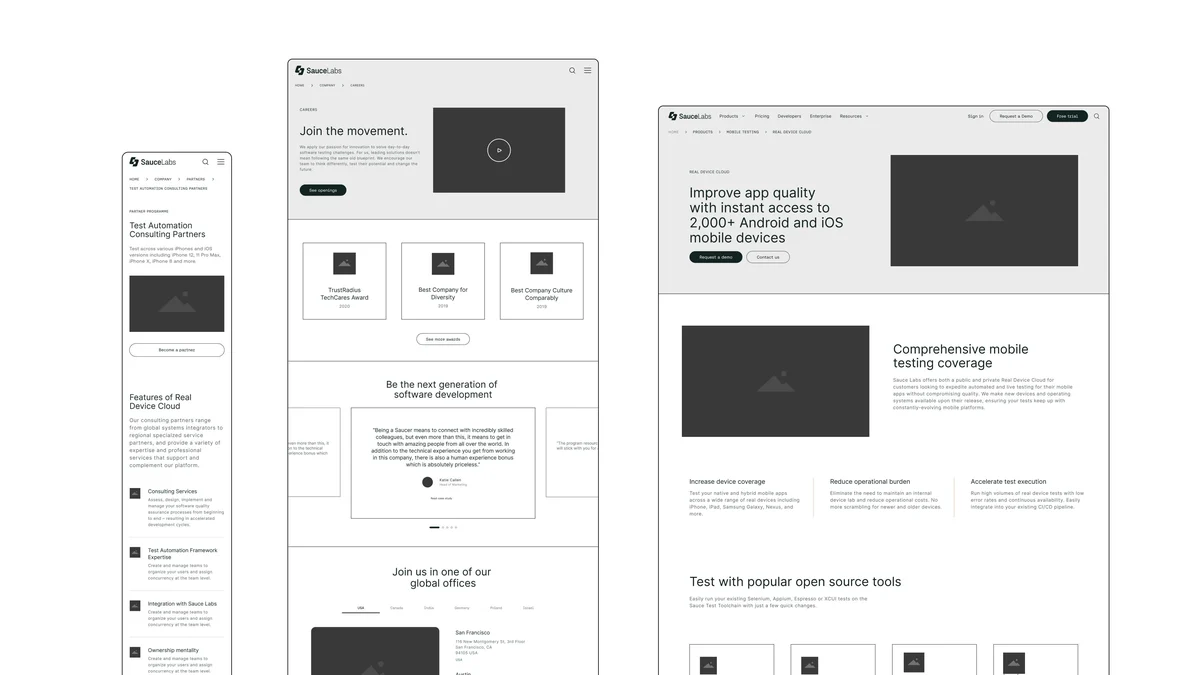 Wireframes del sitio web de Sauce Labs