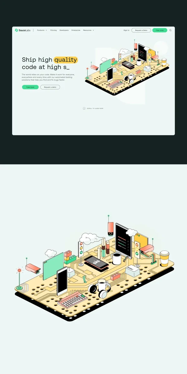 Ilustración isométrica de Sauce Labs sobre paneles oscuros y claros