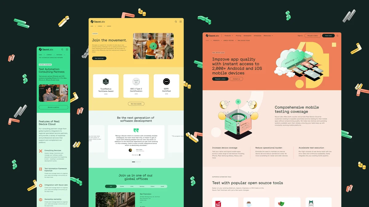 Páginas web de Sauce Labs en amarillo, naranja y verde