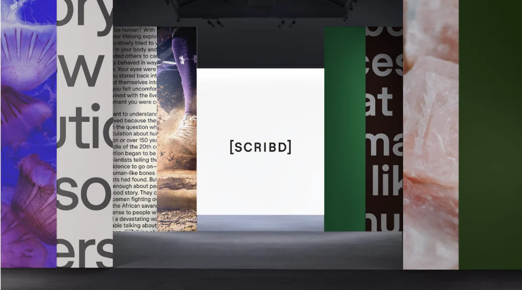 Scribd exhibition wall with the bracket logo