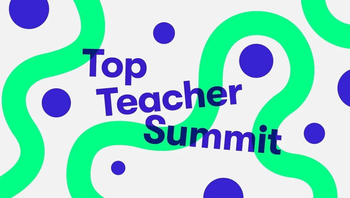 Skillshare 'Top Teacher Summit' graphic in green and blue