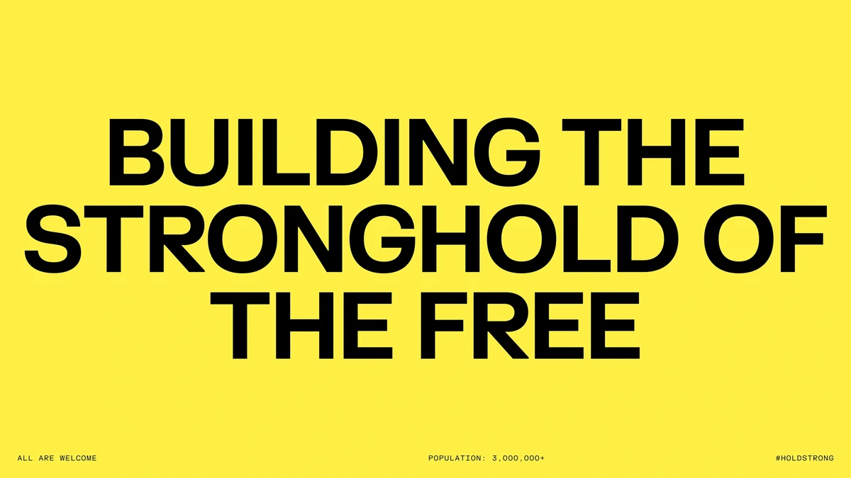 Cartel de Solflare: «Building the stronghold of the free» sobre fondo amarillo