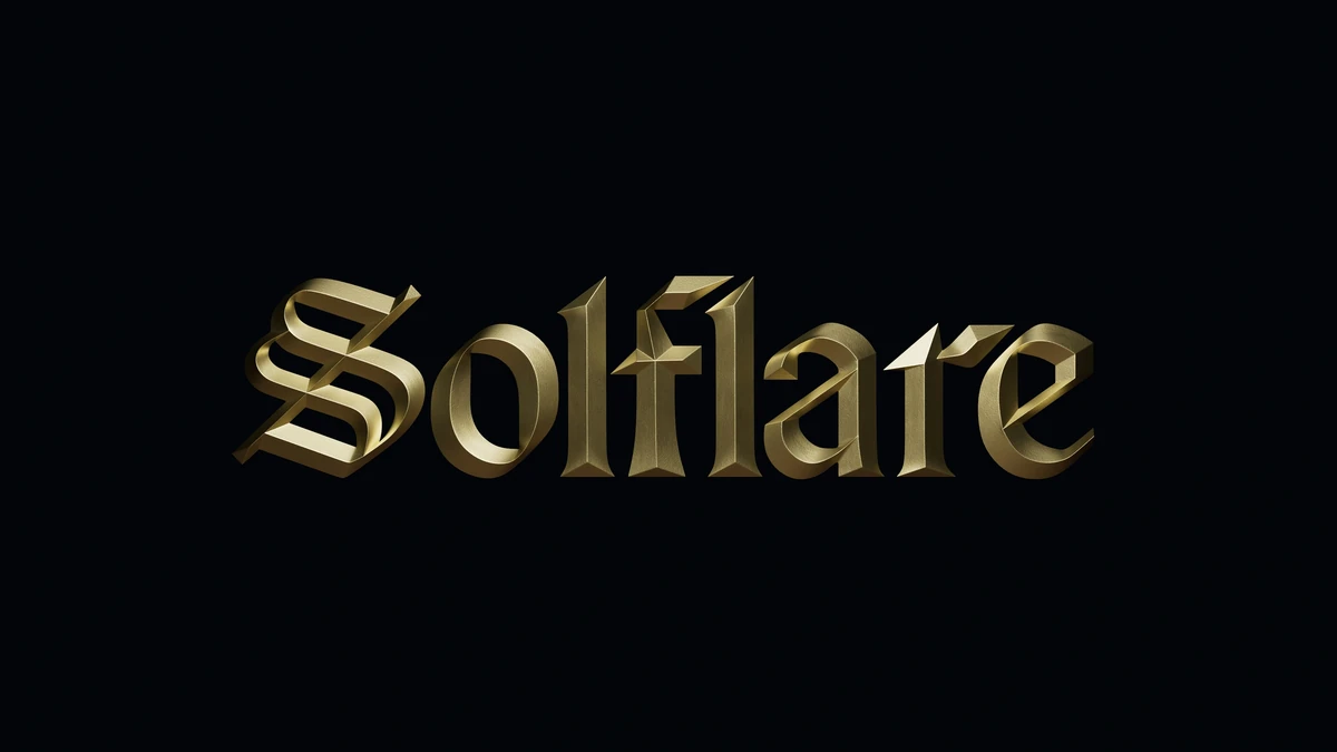 Logotipo gótico de Solflare en oro metálico sobre fondo negro