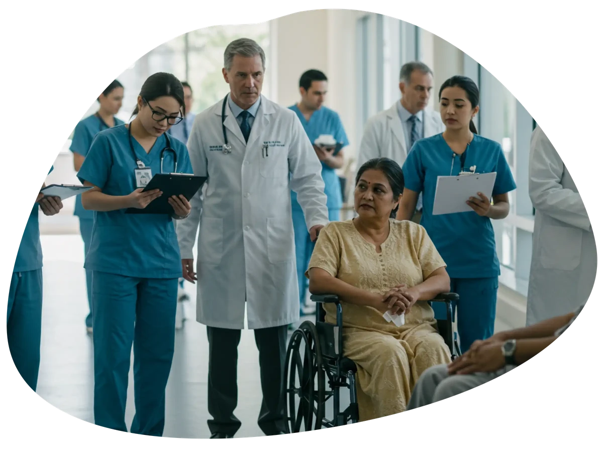 Personal de un hospital con un paciente, fotografía de marca de Speechmatics