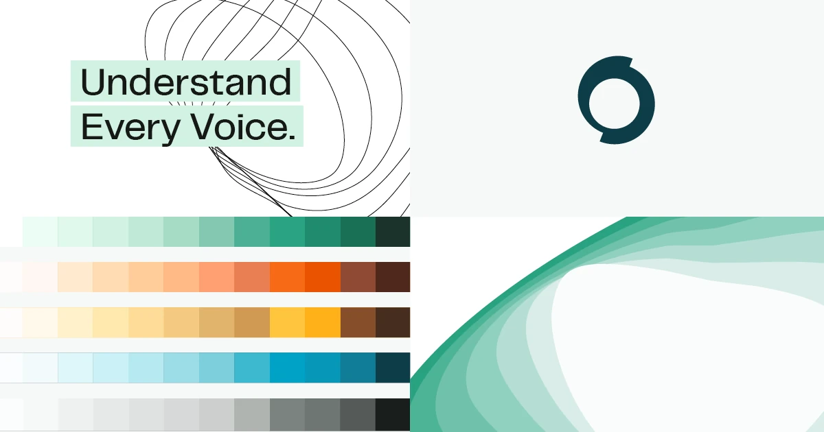 Panel de marca de Speechmatics: «Understand Every Voice» con la paleta