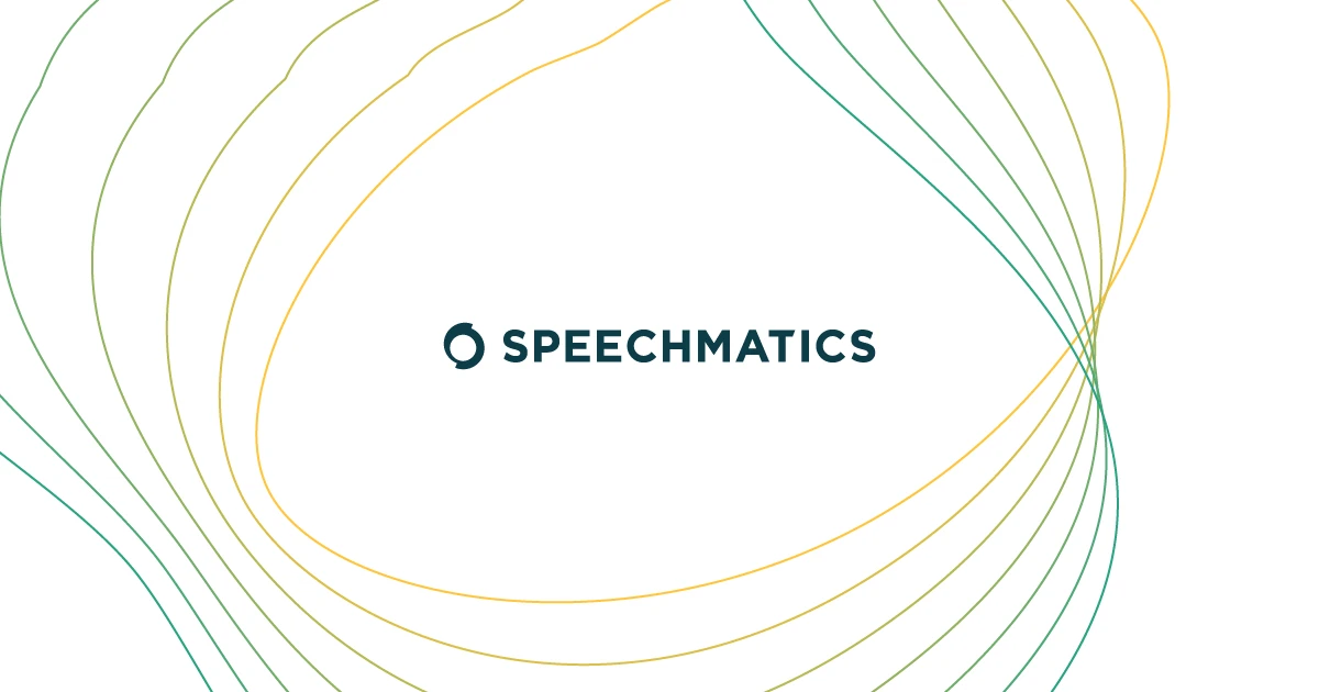 Logotipo de Speechmatics entre líneas fluidas