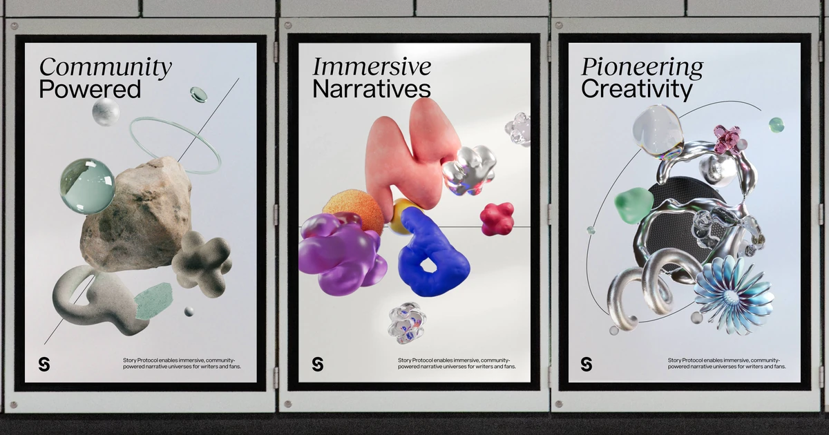 Pósteres de historias: «Community Powered», «Immersive Narratives», «Pioneering Creativity»