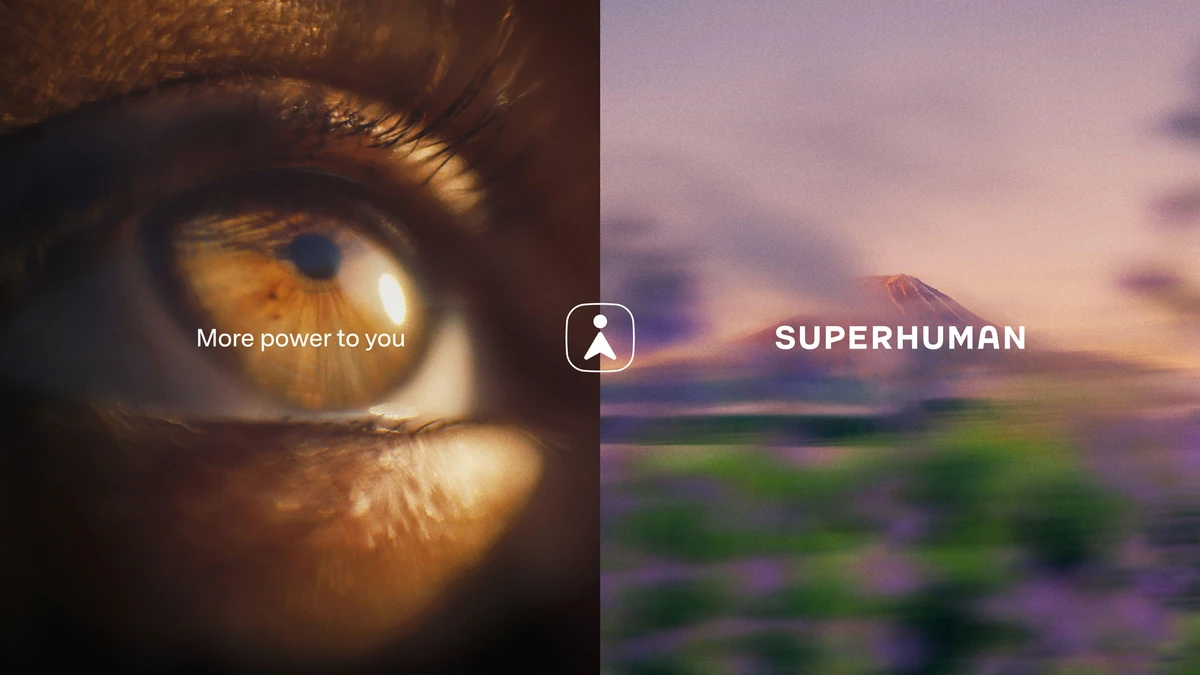 Imagen de campaña de Superhuman: primer plano de un ojo junto a un paisaje