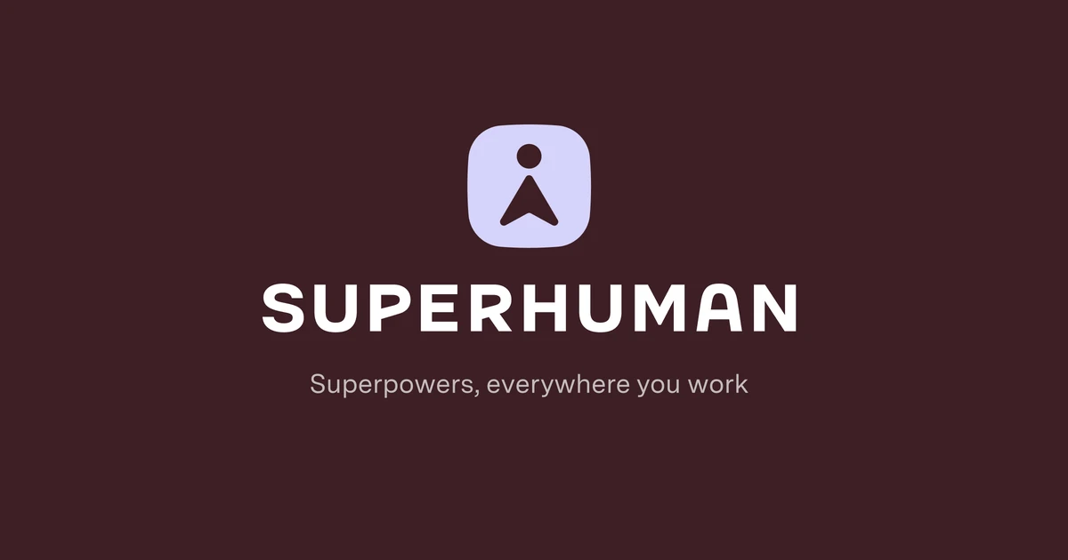 Lockup de Superhuman sobre granate oscuro: «Superpowers, everywhere you work»
