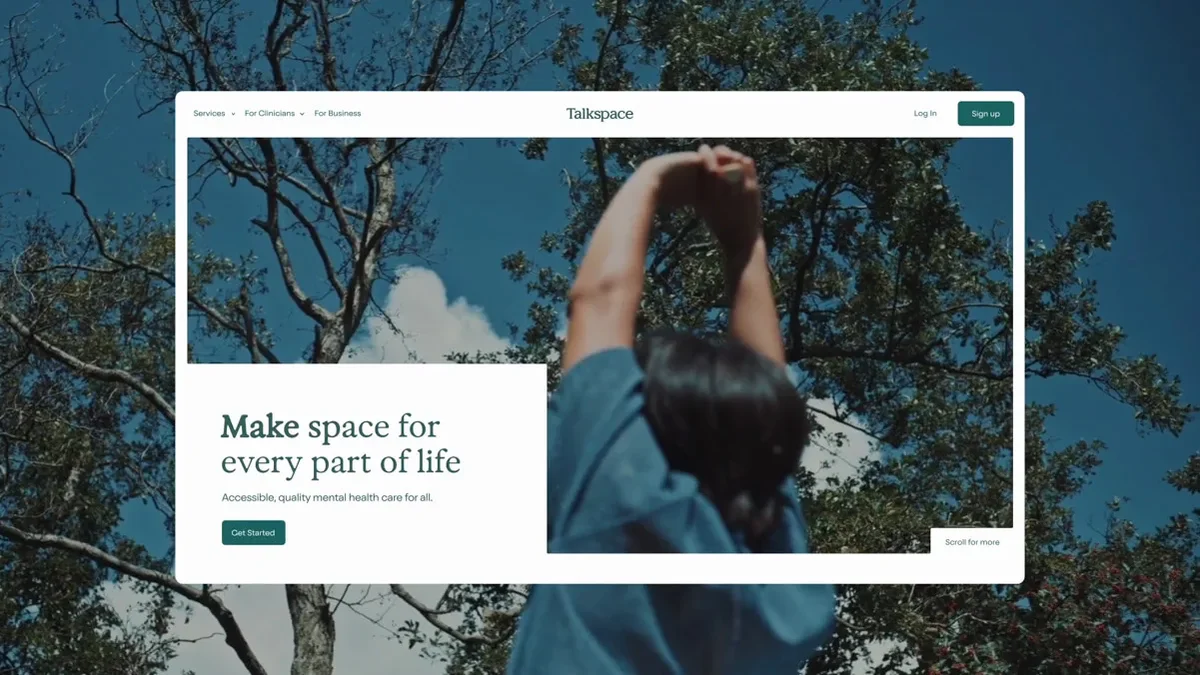 Cabecera del sitio web de Talkspace sobre una foto de paisaje