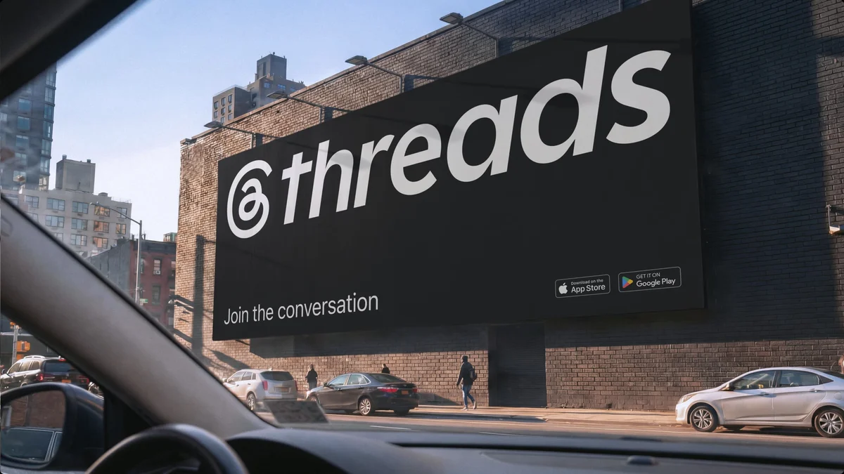 Gran valla publicitaria de Threads en un edificio urbano vista desde un coche