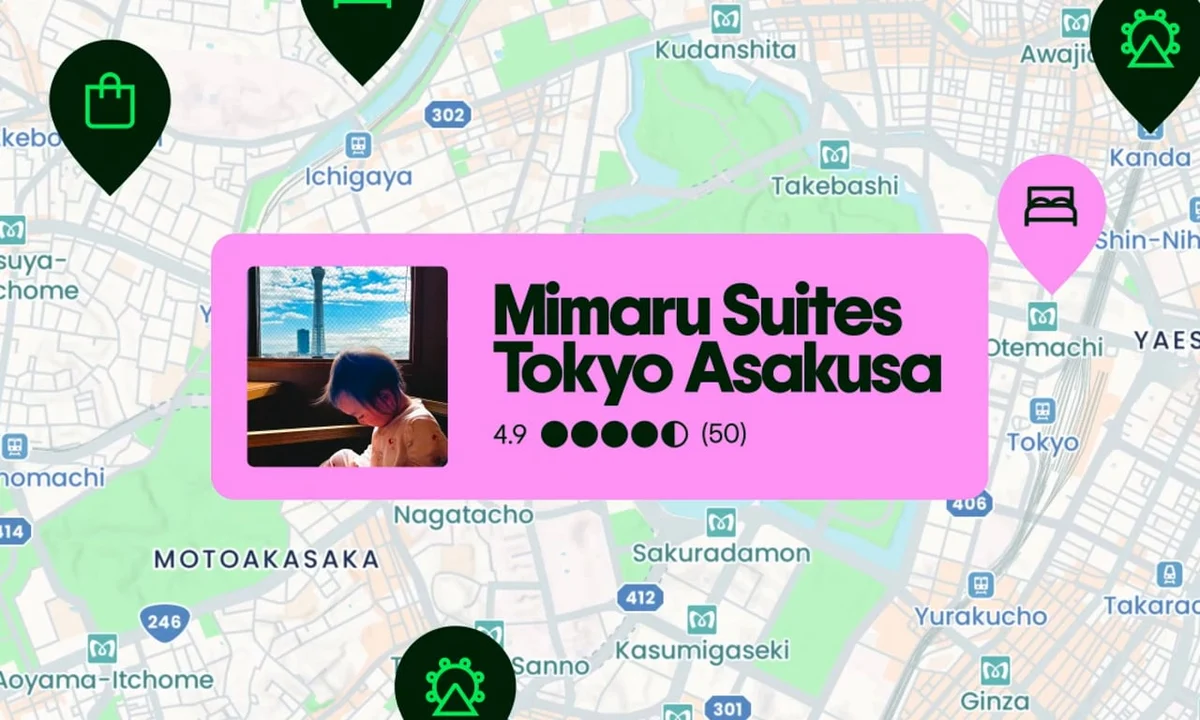 Tripadvisor map UI with a hotel card in Tokyo