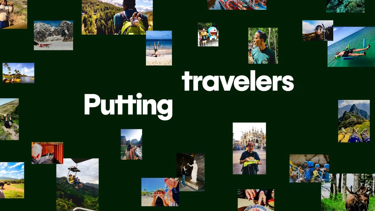 Tripadvisor graphic: 'Putting travelers' with a collage of trip photos on green