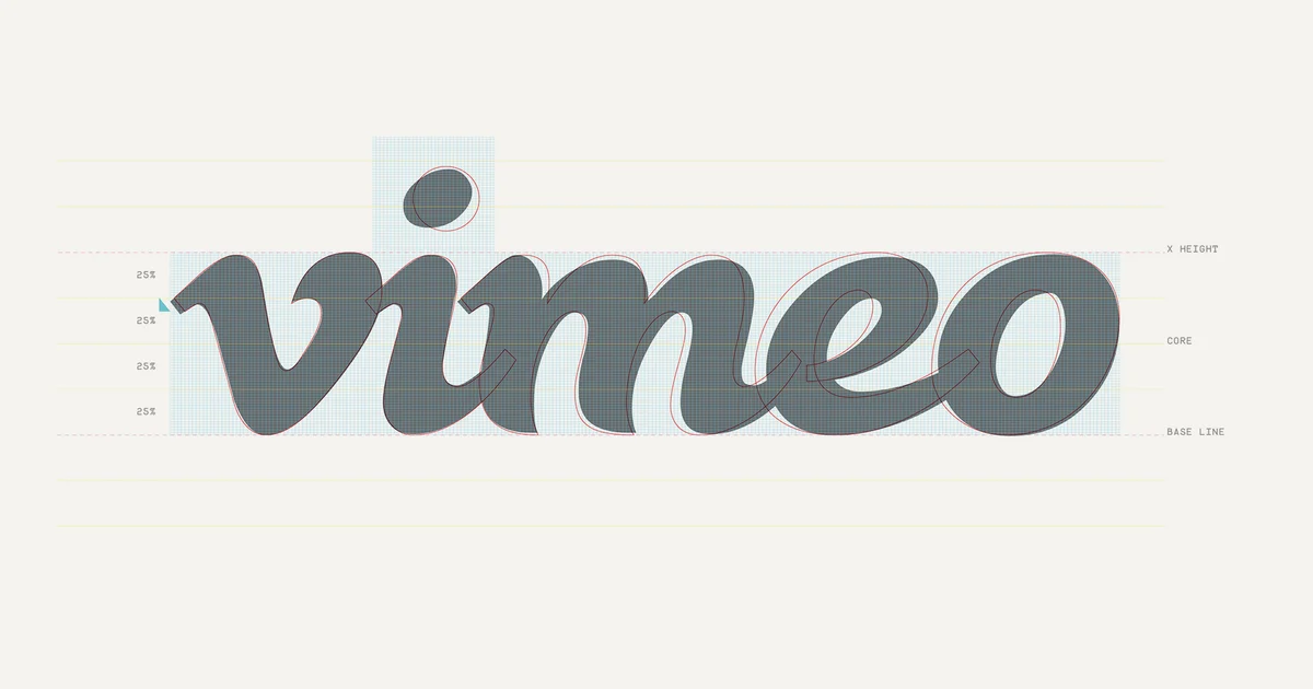 Logotipo gris refinado de Vimeo sobre fondo claro con guías