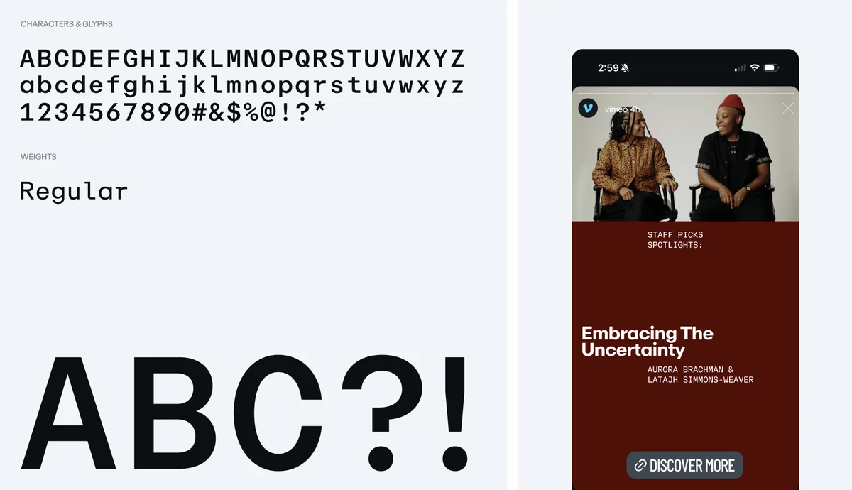 Muestra tipográfica de Vimeo junto a una página web