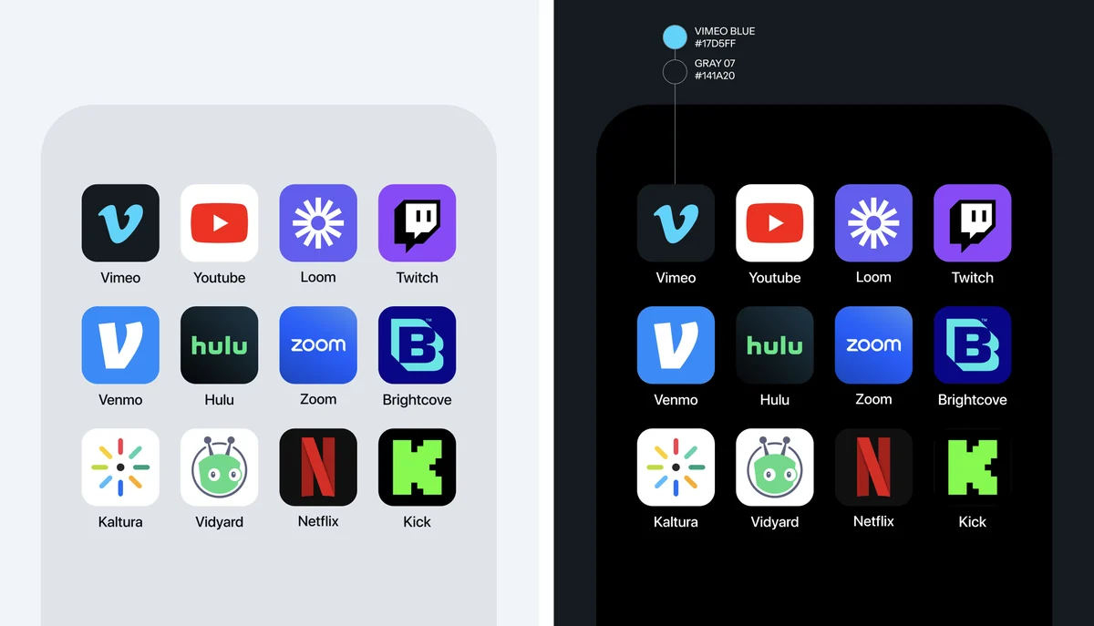 Cuadrícula de iconos de la app de Vimeo en pantallas de inicio claras y oscuras
