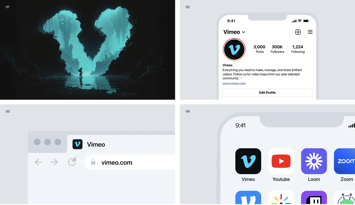 Símbolo «V» 3D de Vimeo y pantallas de la app