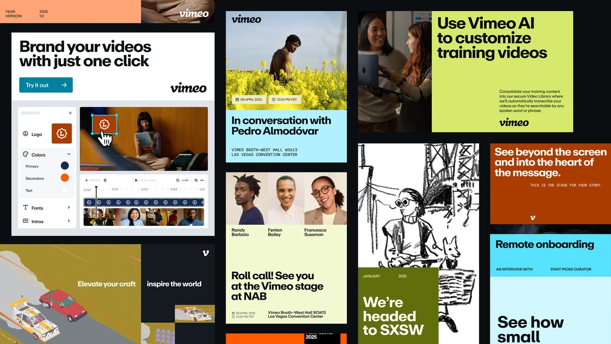 Collage de páginas de marketing y posts sociales de Vimeo