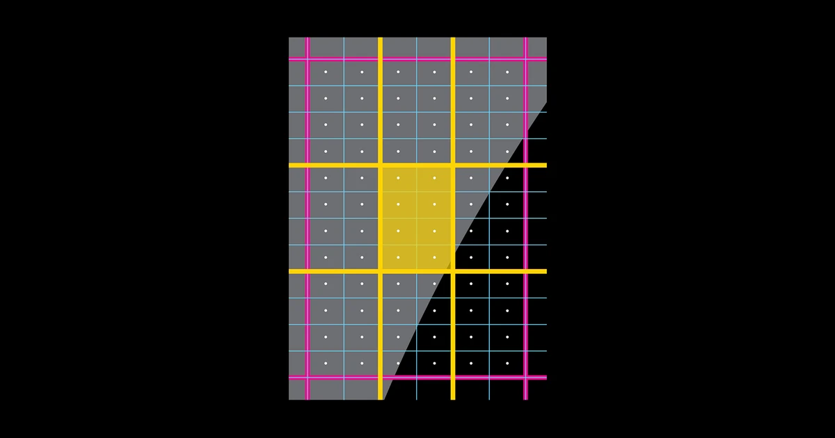 Cuadrícula de construcción de letras de Vimeo en amarillo y rosa