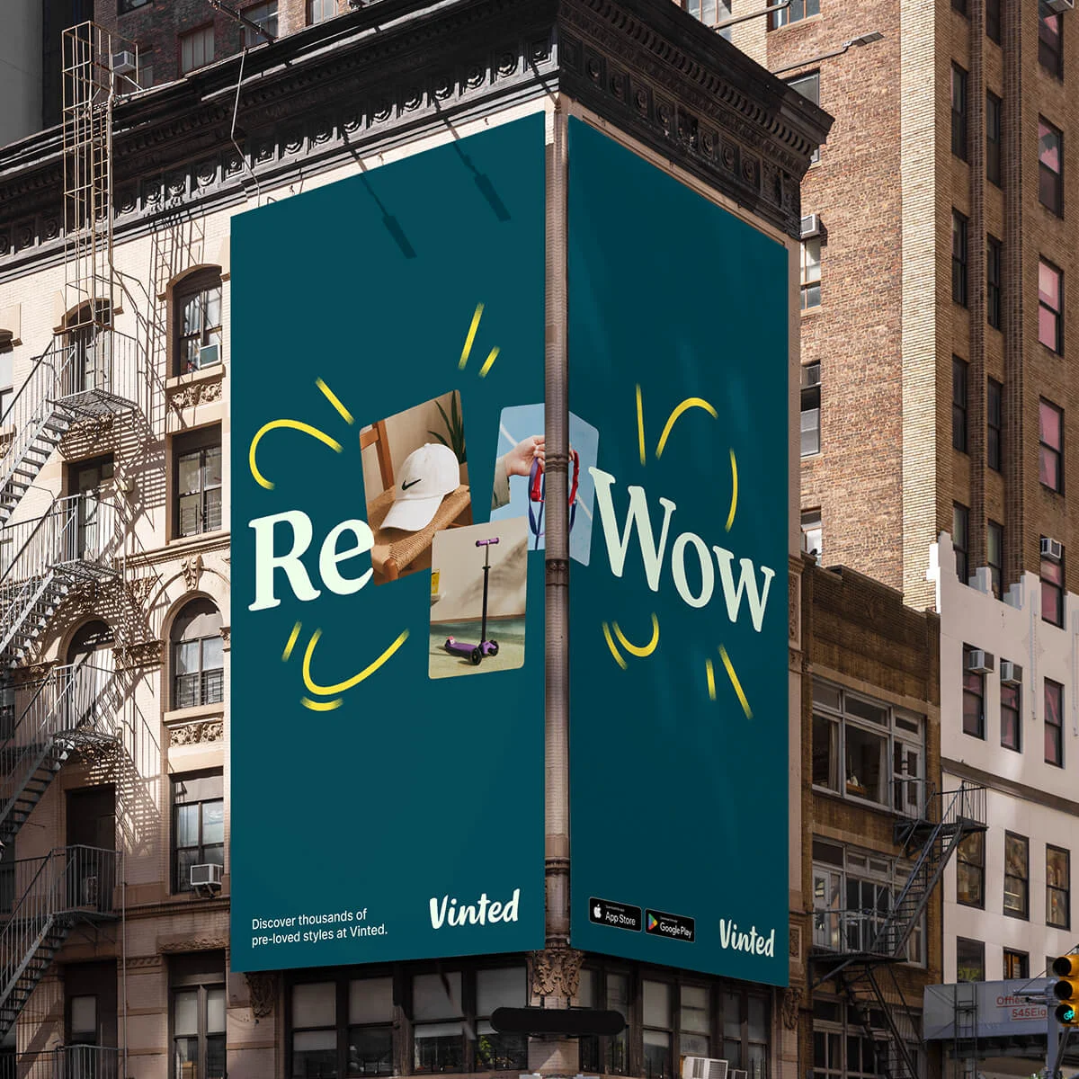 Outdoor billboard designed by Studio Kiln for Vinted, featuring “ReWow” messaging and ribbon-led branding.