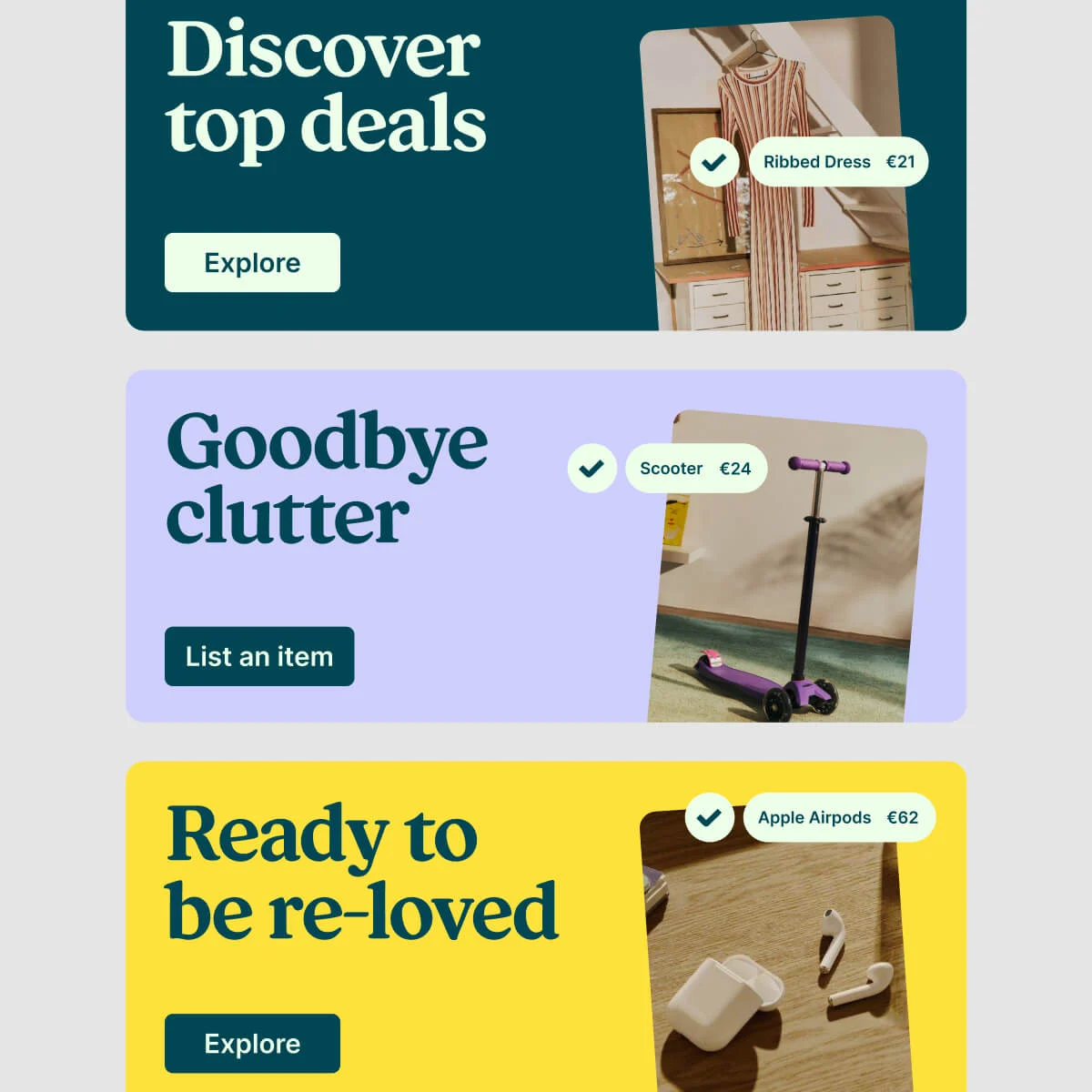 Vinted app promo cards: 'Discover top deals', 'Goodbye clutter', 'Ready to be re-loved'