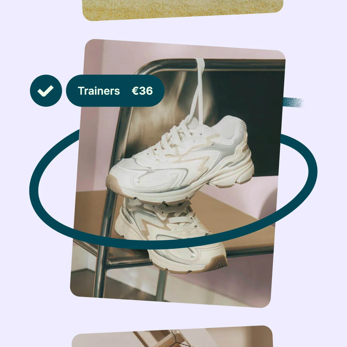 Vinted listing UI with a sneaker photo and a teal swoosh