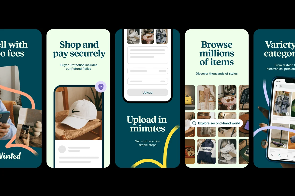 Vinted app screens: shopping, uploading and browsing